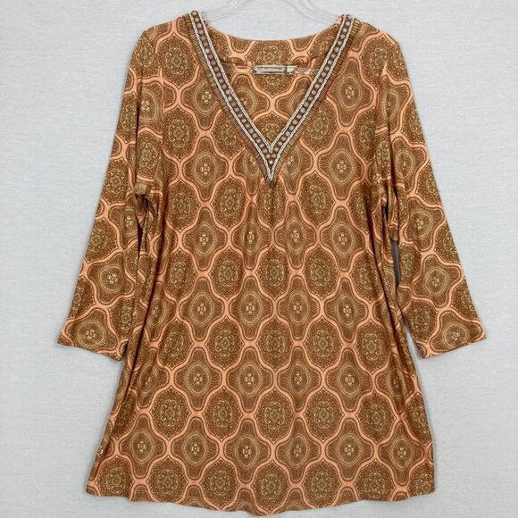 Soft Surroundings Tops - Soft Surroundings Brown Geometric Boho Print Embellished VNeck Artsy Tunic Large